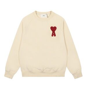AMI Paris Ami de Coeur Red Heart Logo Cream Crewneck Sweatshirt Unisex